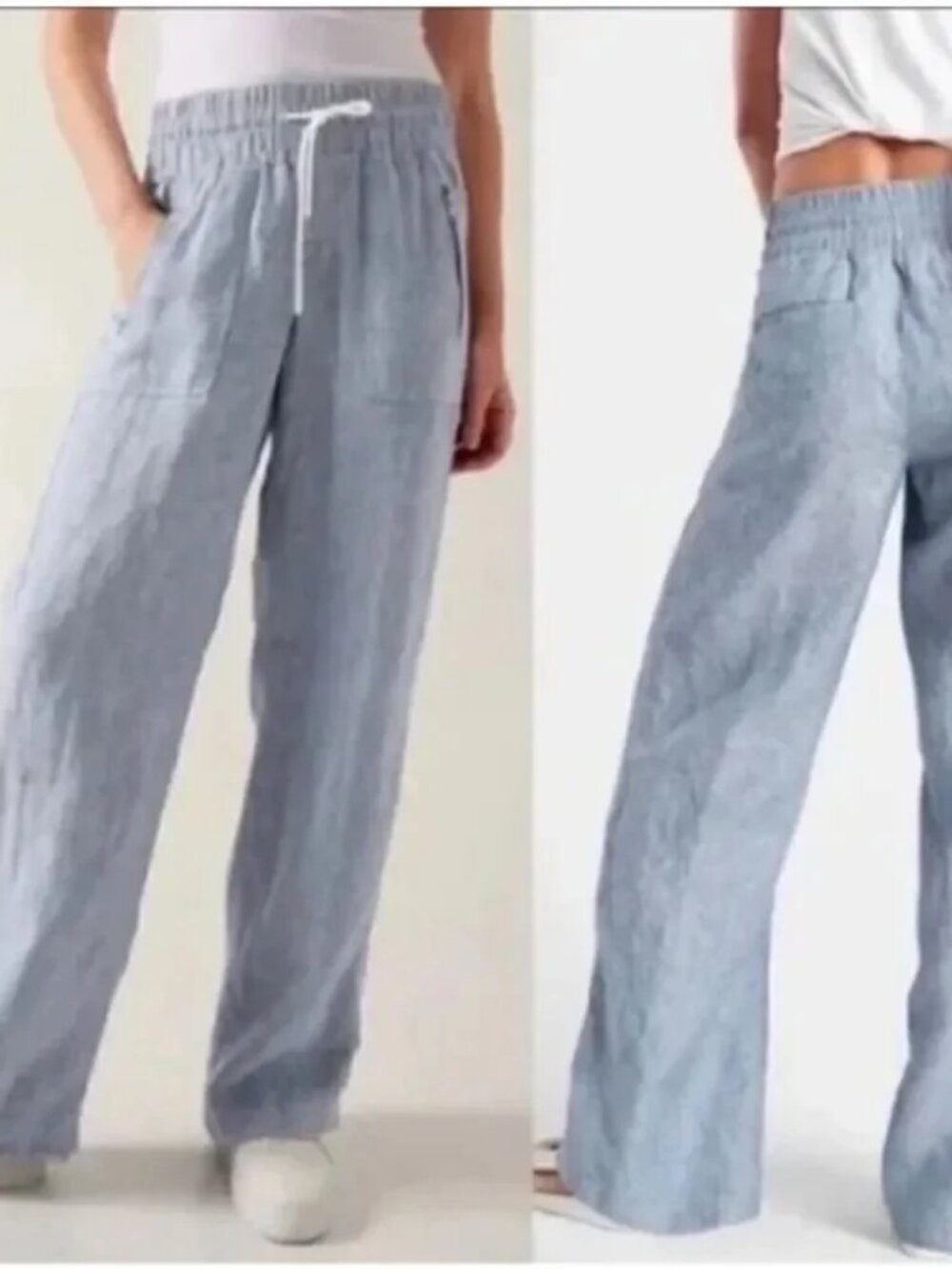 Athleta Cabo Linen Wide Leg Pants 4 blue EUC zippers